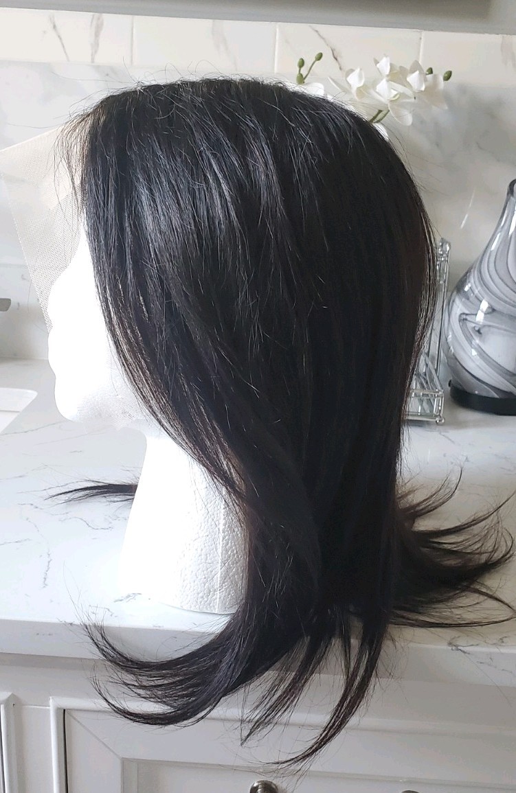 Human Hair Lace Part Wig 14” soft black / darkest brown Adjustable Straps