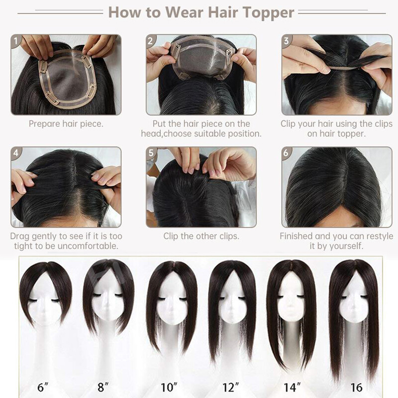 Silk Base 100%Remy Human Hair Topper Top Piece Extensions Women Toupee Clip BANG