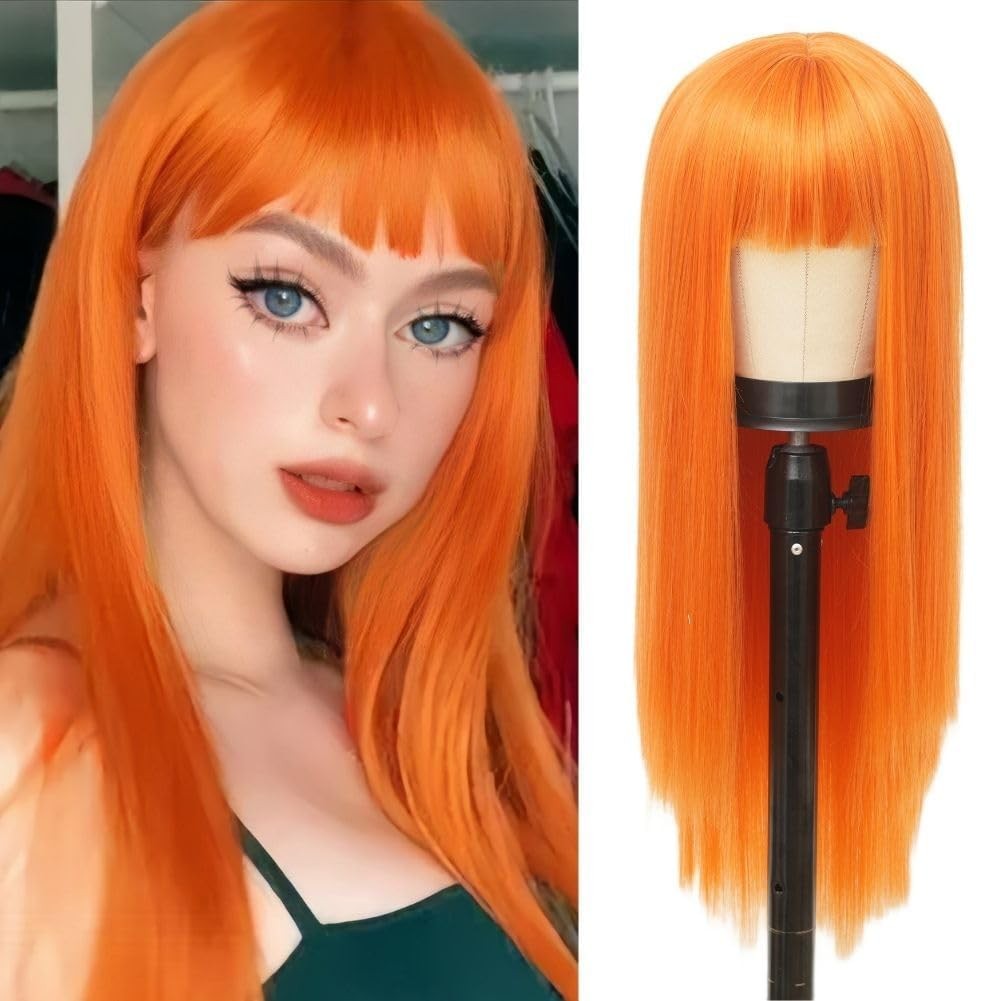 Orange Wig with Bangs Long Straight 28 Inch Wigs for Women Cosplay Synthetic …