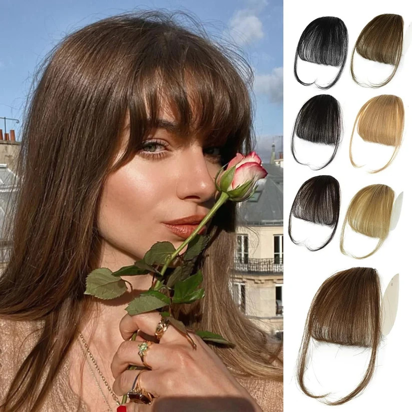 Medium Brown 100% Real Human Hair Clip In Wispy Bangs Hair Topper