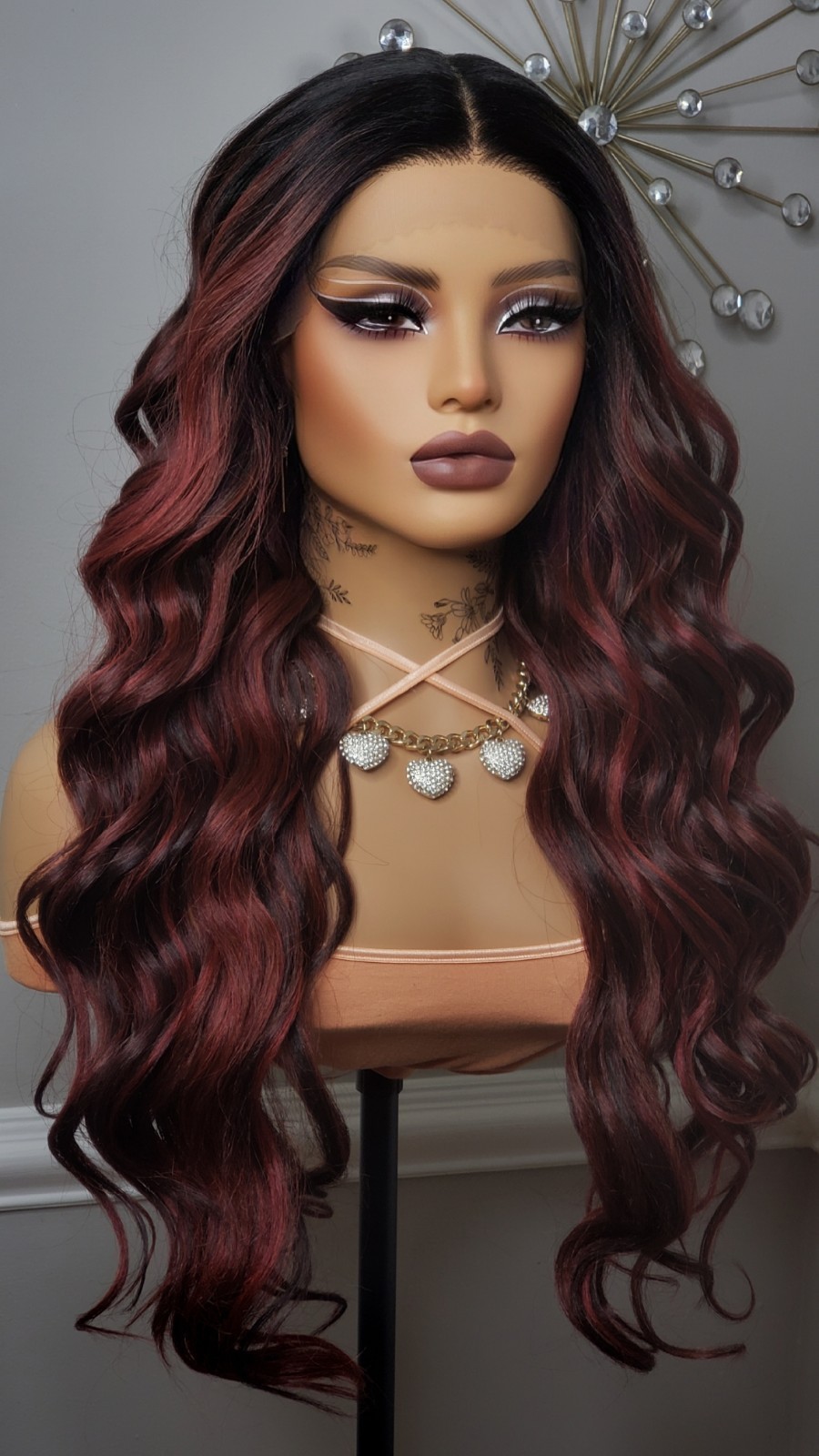New Long Wavy Red Burgundy Wine Lace Front Wig Curly Style Womens Fashion Hair