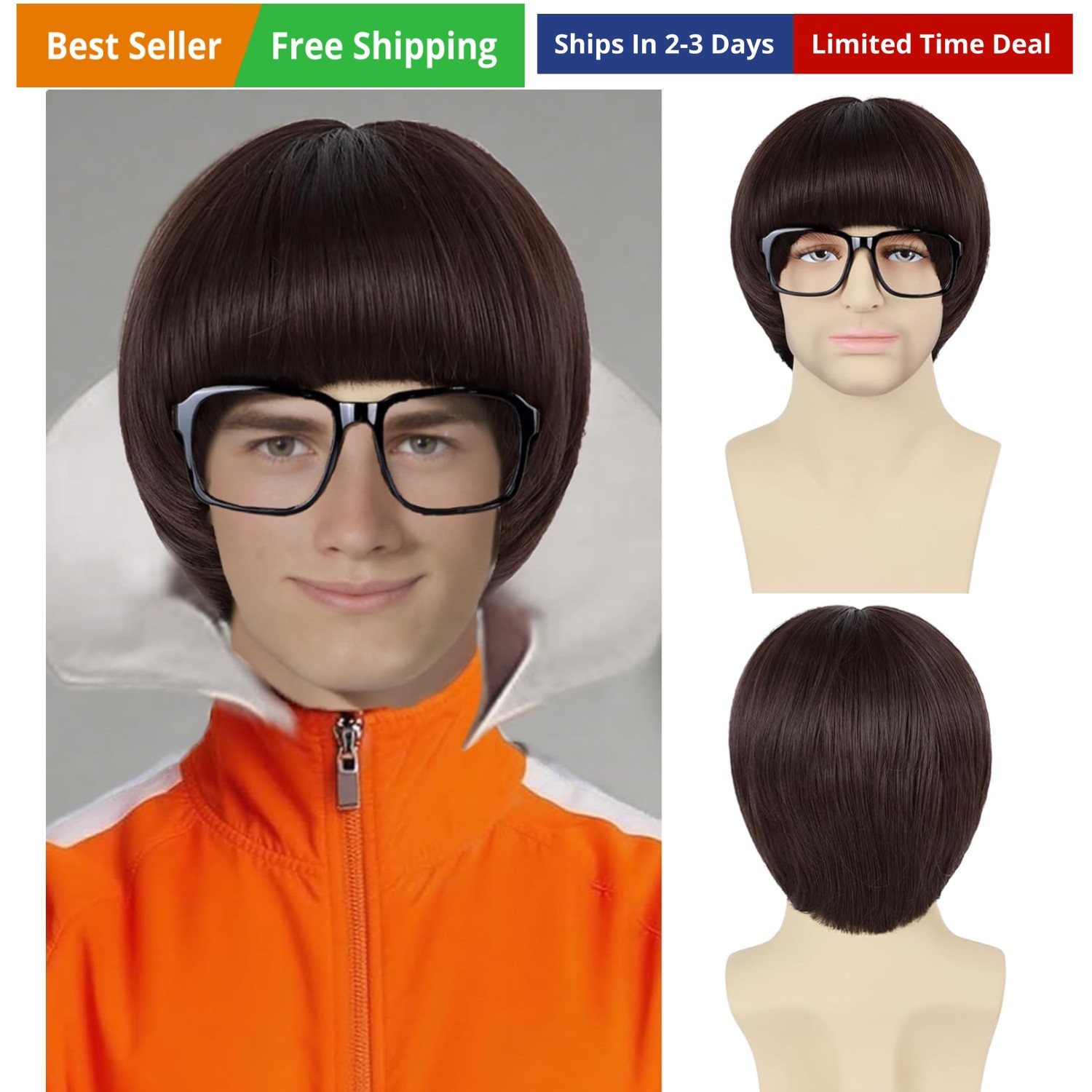 Mushroom Wig+Glasses for Men Women Unisex Synthetic 60s Bowl Cut Wig with Ban…