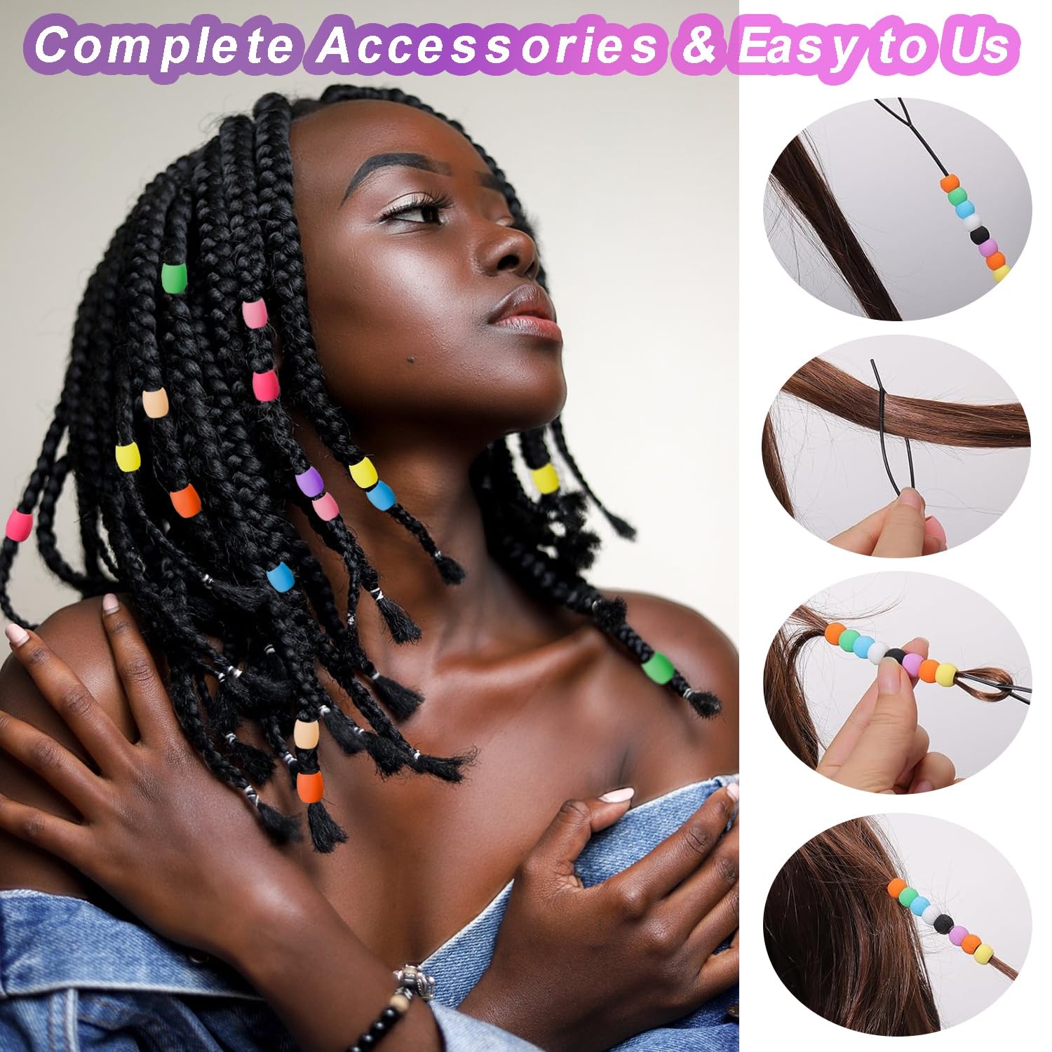 90 Pcs Silicone Hair Beads for Women Girls Braids, Soft Colorful Pony Beads B…