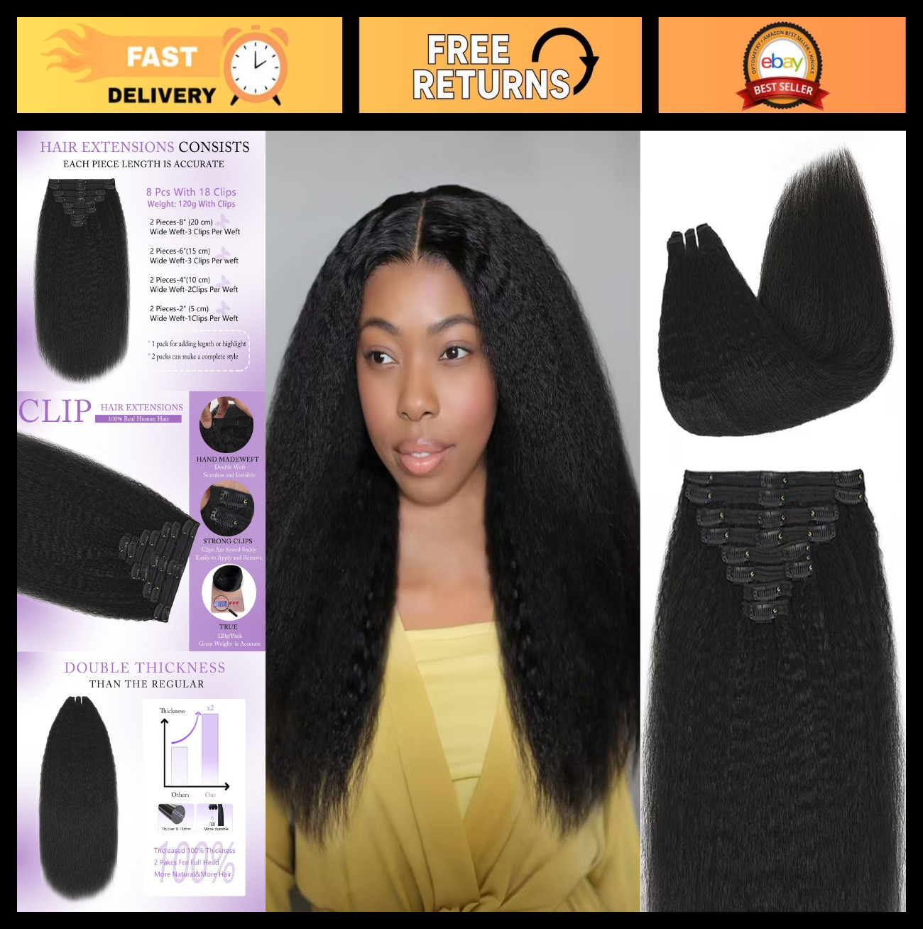 22″ Kinky Straight Clip-In Hair Extensions 120g 8Pcs Double Weft Human Hair Full