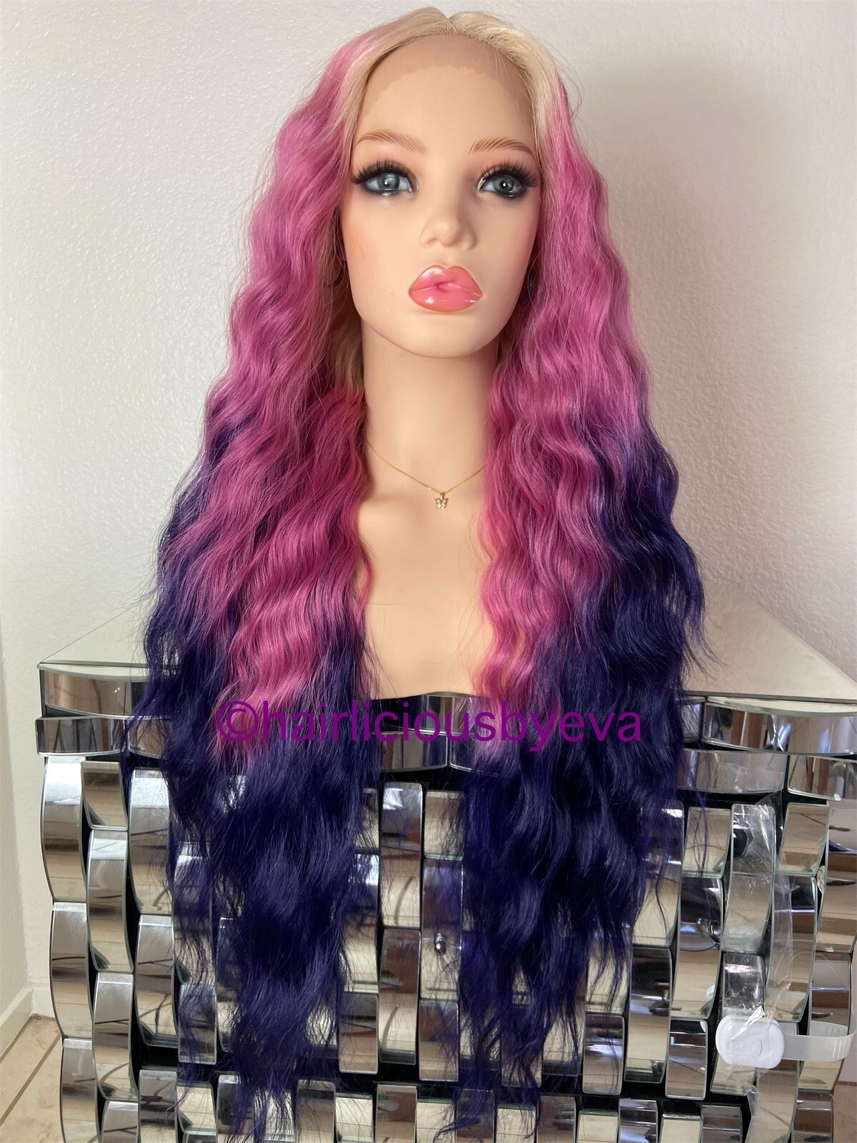 Pastel wig rainbow ombré blonde purple pink middle part wavy 26 inch long