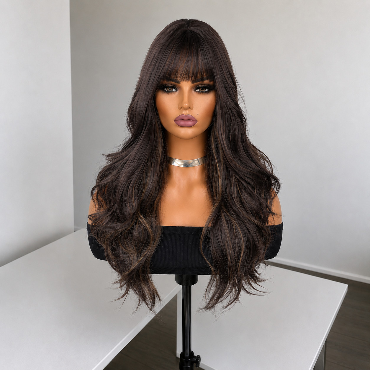 Long Wavy Costume Wig With Fringe Mixed Brown Synthetic Hair Heat Resistant