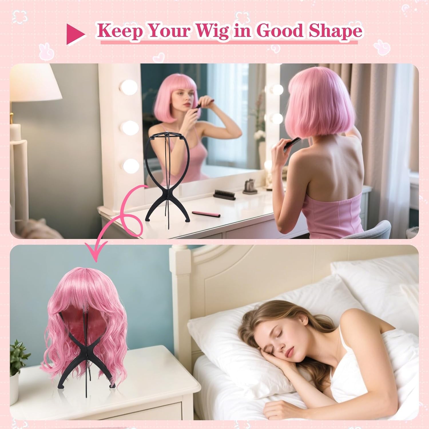 2 Pack Wig Stand, Head Stand Portable Holder for Multiple Wigs, black
