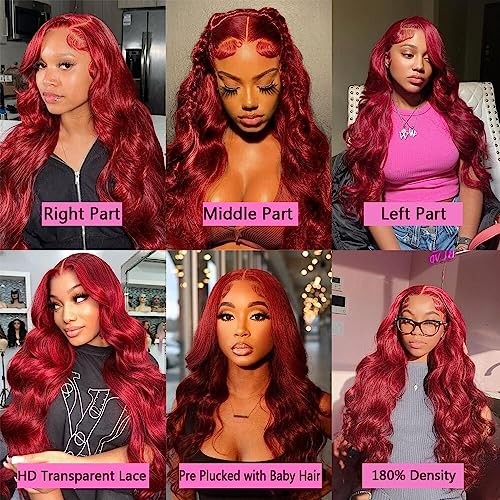 Burgundy Lace Front Wig 180 Density 13×4 Body Wave Baby Hair 24 Inch Human HD