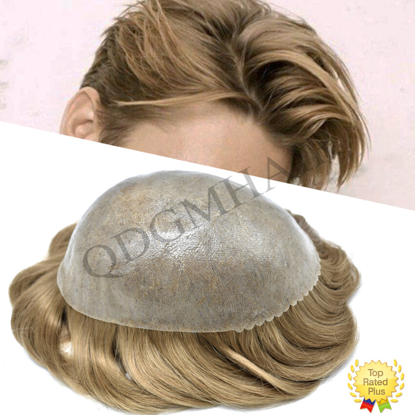 Mens Toupee Hair System Replacement Full Poly Skin Human Hair Piece Unit for Men