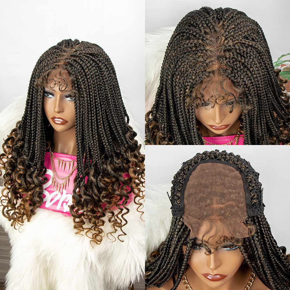 18″ Curly Box Braids Wigs 4×4 Lace Front Wig Cornrow Braids Wig for Black Women