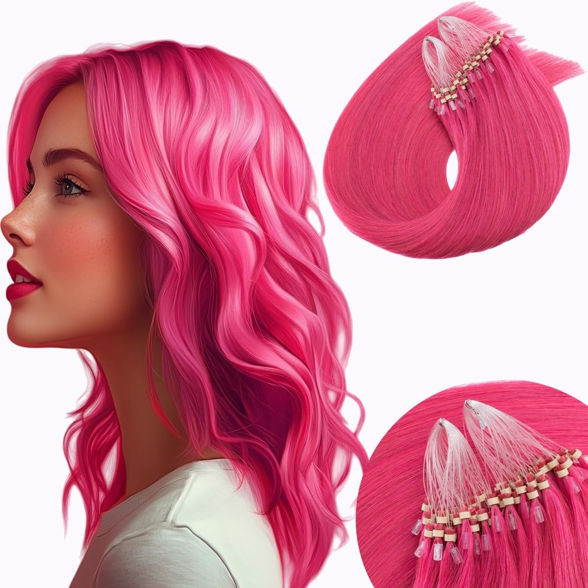 Invisible Microlink Human Hair Extensions Pink 18inch Micro Bead 50g Glueless