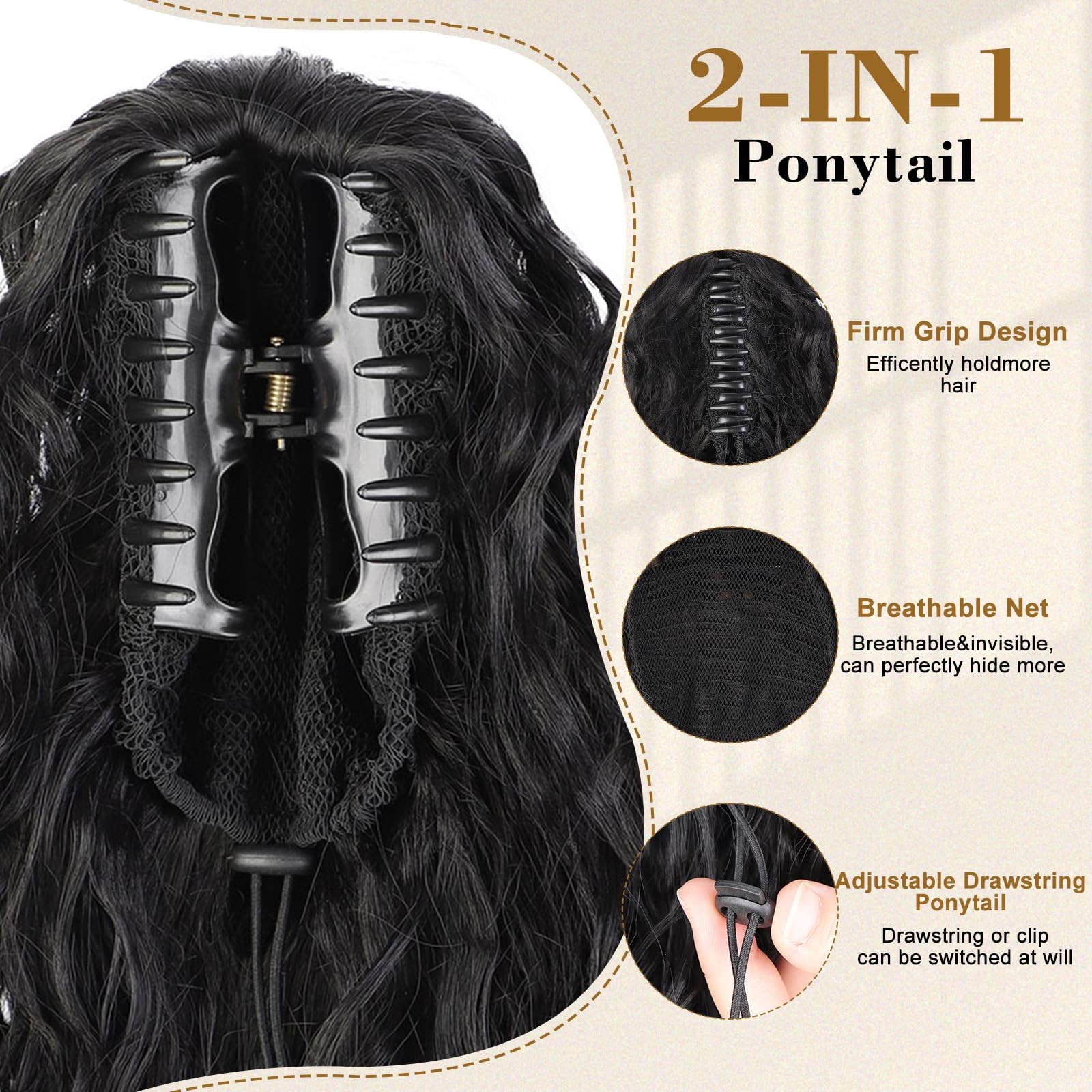 Stamped Glorious Black Ponytail Extension 18 Curly Wavy Pony Tail Claw Multi