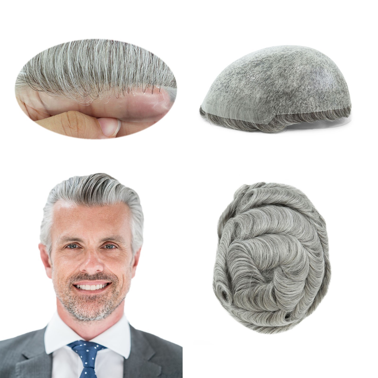 Toupee for Men Human Hair System Unit 0.05mm Thin Skin BIO Grey Hairpieces #380