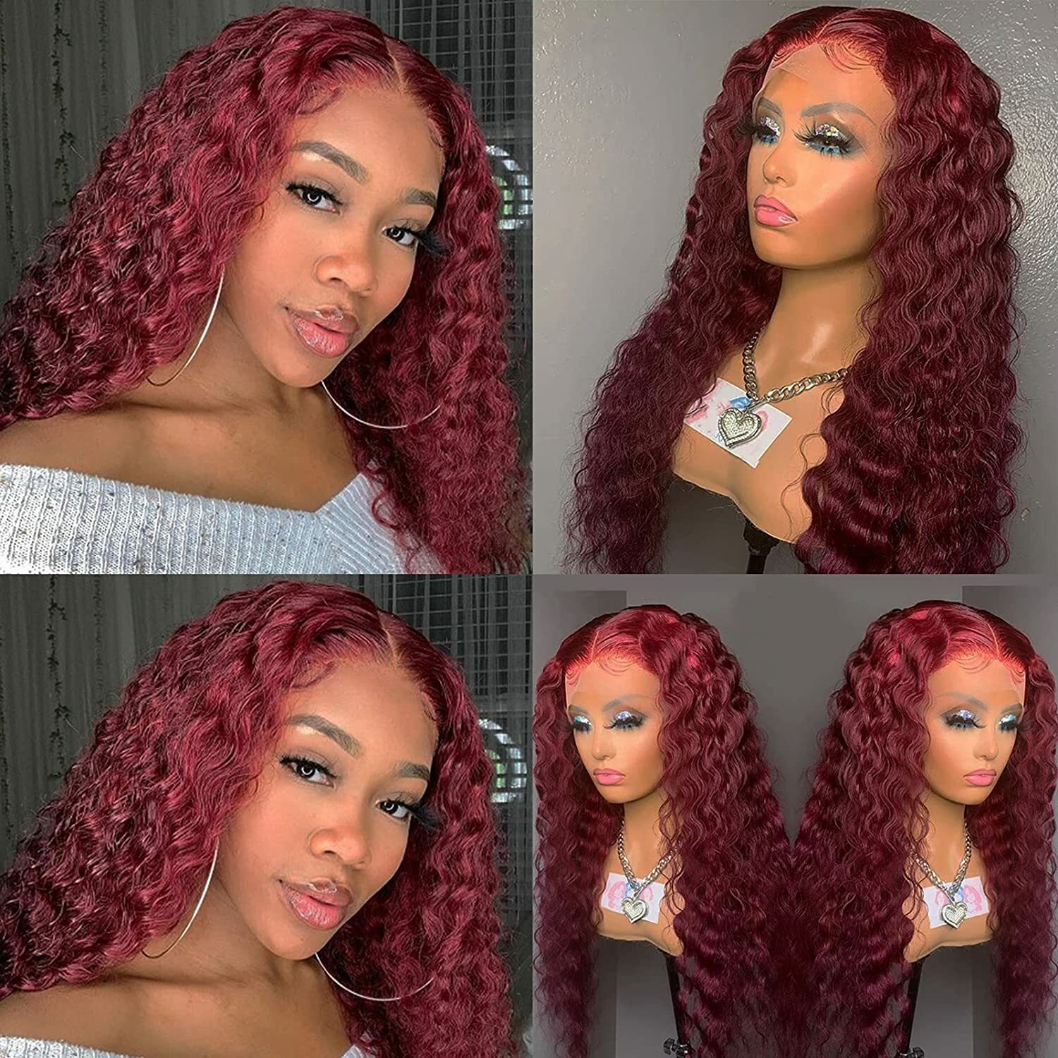 Human Hair Lace Front Wig 99j Burgundy Deep Wave 13x4x1 Lace Part Wig Remy Hair