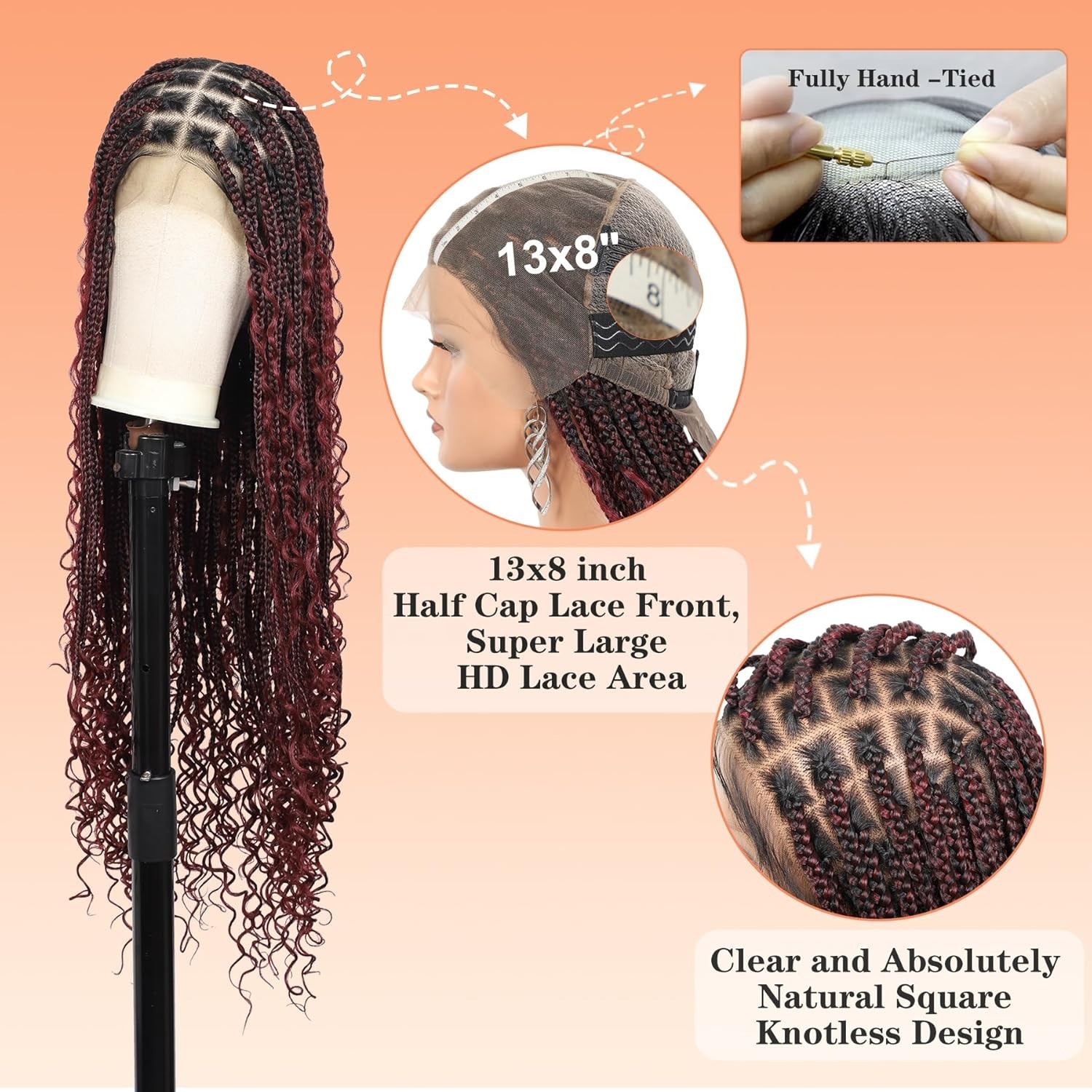 Gorgeous Burgundy 36″ Knotless Braided Wig – 13×8 HD Lace for Seamless Style