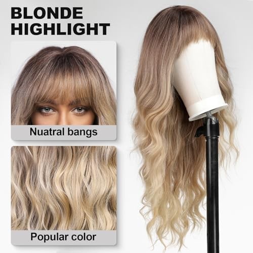 Ombre Blonde Wigs Bangs Highlight Long Wavy Wig Women Curly Synthetic Hair Party
