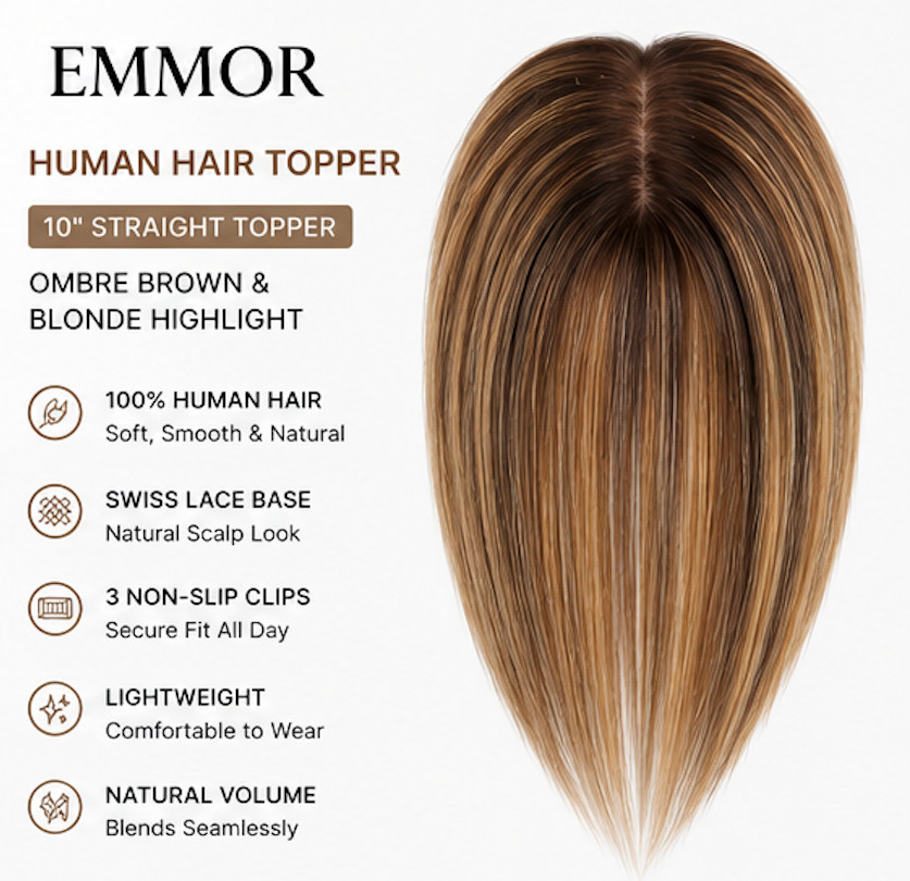EMMOR Human Hair Topper 10” Ombre Brown Blonde Highlight Swiss Lace 3 Clips