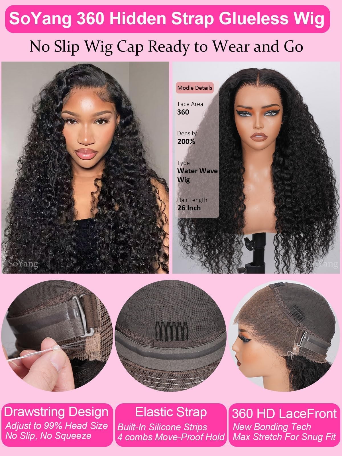 28″ 360 Lace Front Wig Human Hair Water Wave Curly 200% Density Pre Plucked