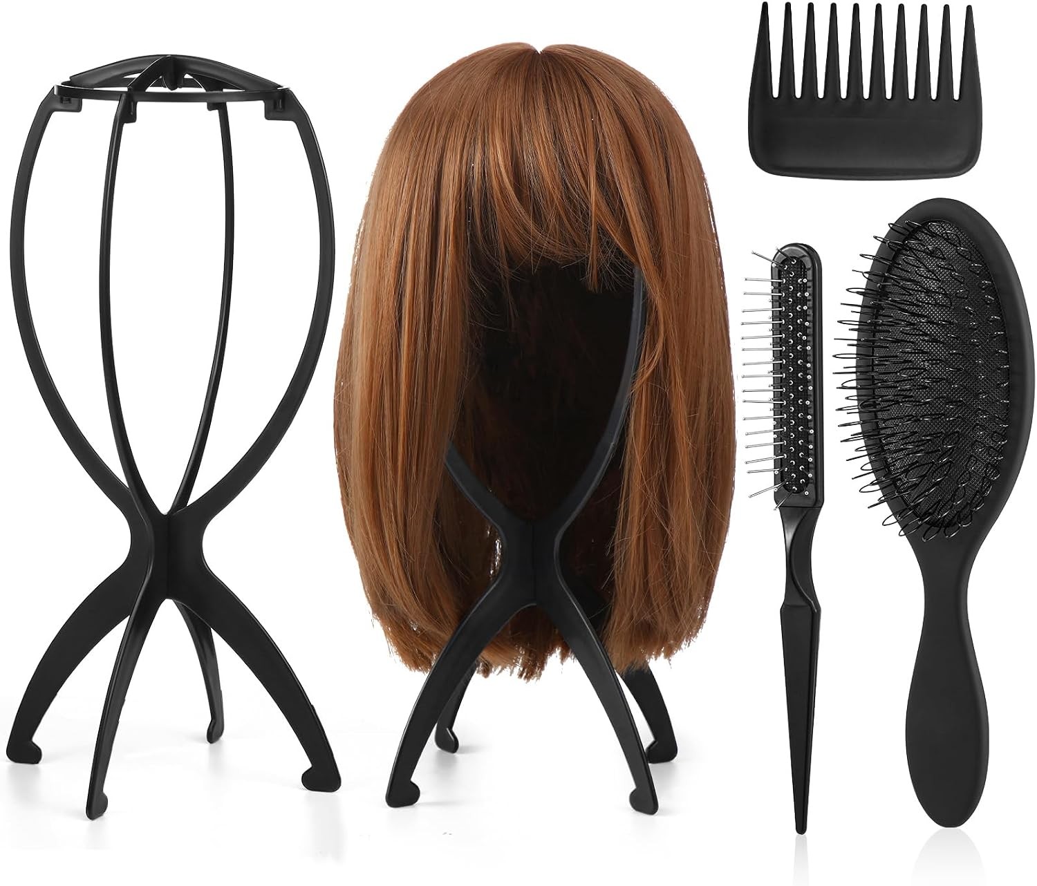 2 Pack Wig Head Stand with 3 PCS Wig Brush Comb, Travel Wig Holder Comb Set