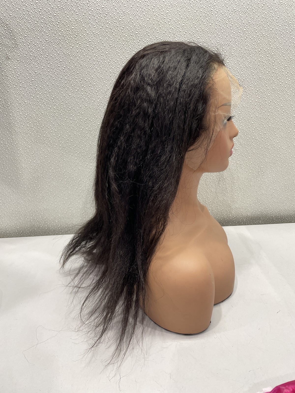 OQ Natural Black Kinky Straight Human Hair Lace Front Glueless Wig, 18″