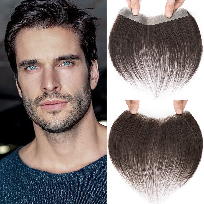 Mens Hairline Toupee Men Frontal Hairpiece V-Shape PU Thin Skin Remy Human Hair