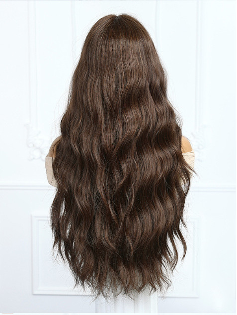Long Wavy Brown Color Synthetic Hair Wigs With Bangs Women Soft Natural