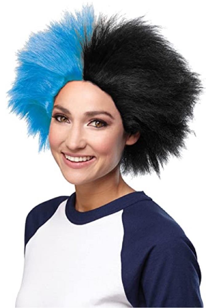 Blue & Black 2-Tone Sports Fan Wig Team Spirit Unisex Crazy Hair Adult Costume