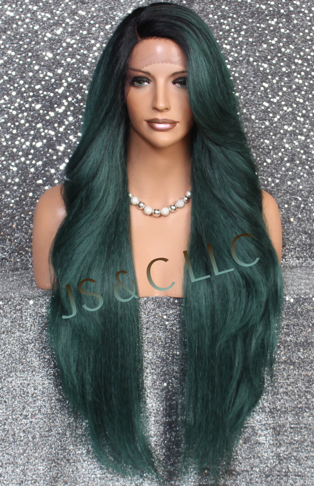 Extra LongHuman Hair blend Heat OK Lace Front Wig WBPC Dark Green