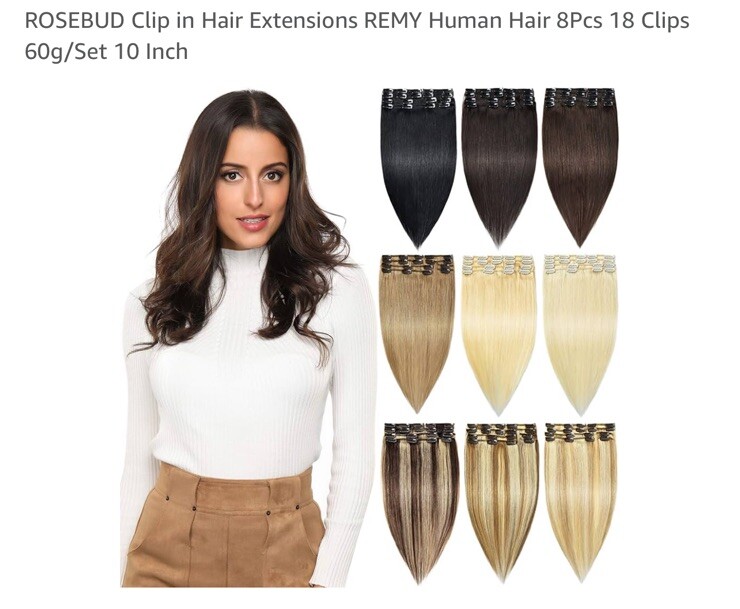 ROSEBUD Clip in Hair Extensions REMY Human Hair 8Pcs 18 Clips Set 10 Inch