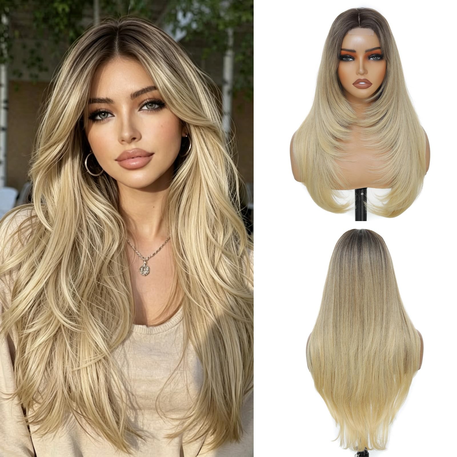 Ombre Blonde Wigs for Women 26 Inch Long Layered Wig Middle Part Blonde Wig S…