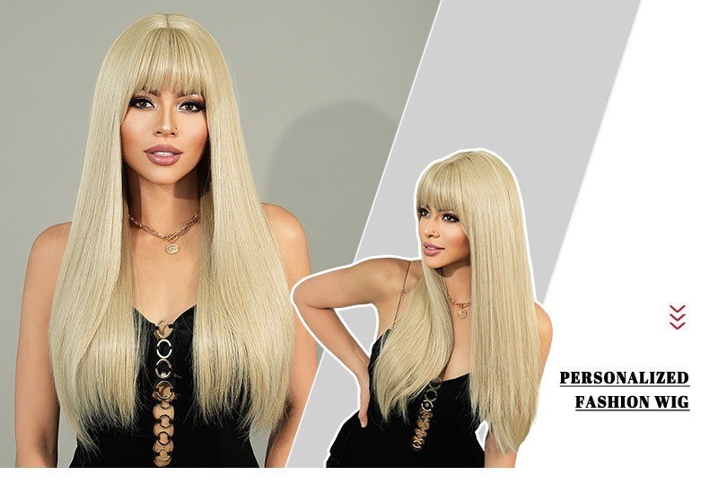 Grey Blonde Wig Long Straight Hair Daily Synthetic Fur Fake Hair Full Head Cover
