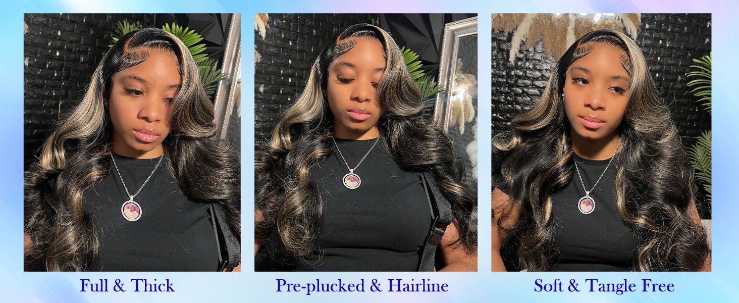 26″ Brazil Human Hair Wig Black+Blonde Highlight Body Wave 13×6 Lace Front 1B/27