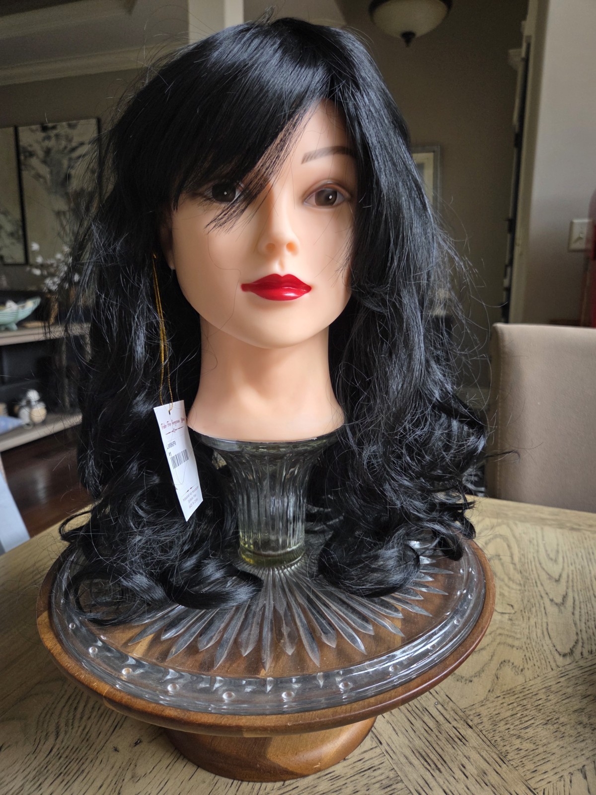 Wig Long Black Tousled Curls Layered With Bangs Jet Black Adjustable New