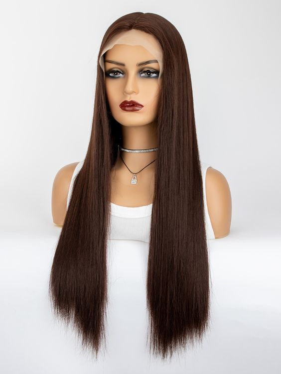 Long Silk Straight 13×4 T Part Lace Front Human Hair Wig Chocolate Brown Wig New