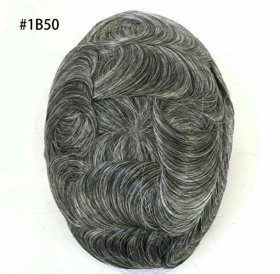 Mens Hair Replacement Thin Skin Toupee Black Grey Hairpieces PU System Wig