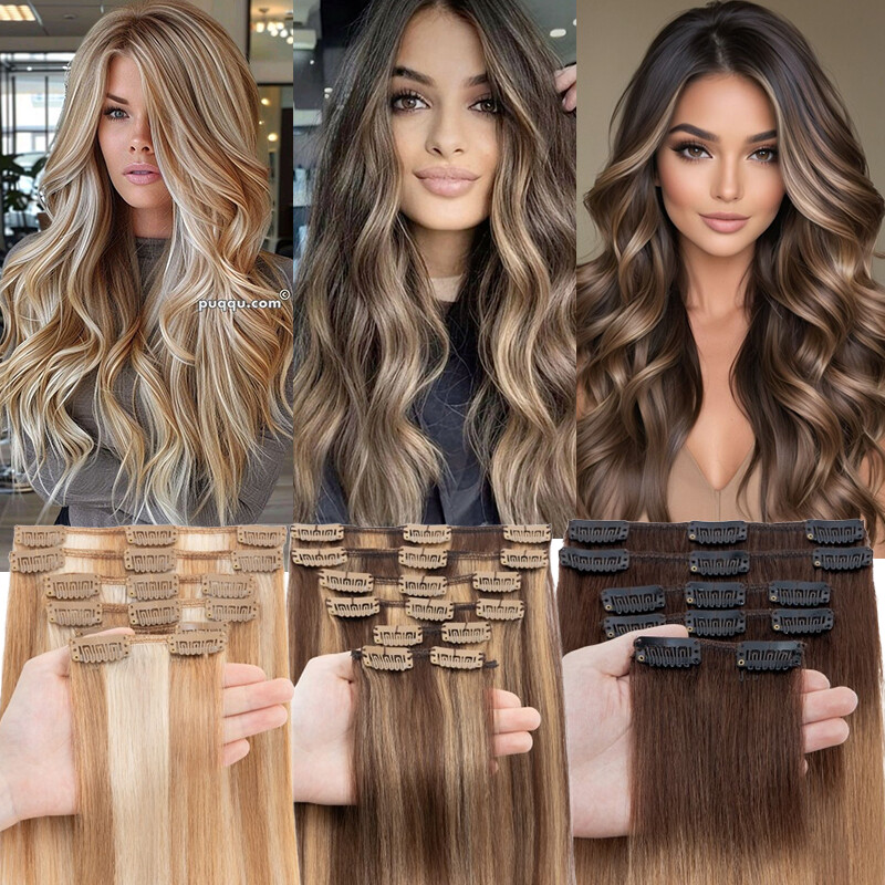 100% Clip In Remy Human Hair Extensions Full Head Black/Brown/Blonde Straight