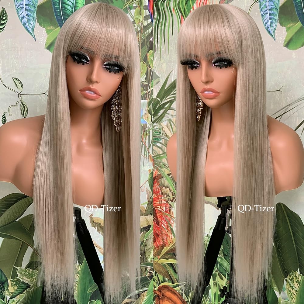 Heat-Resistant 24 Inch Ash Blonde Wig with Sparse Bangs – Perfect for Daily Wear
