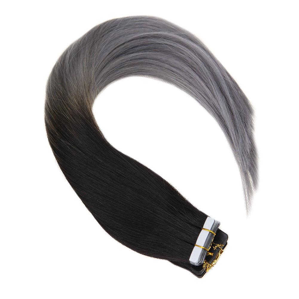 Tape in Human Hair Extensions Skin Wefts Remy Hair Ombre Black to Silver Gray