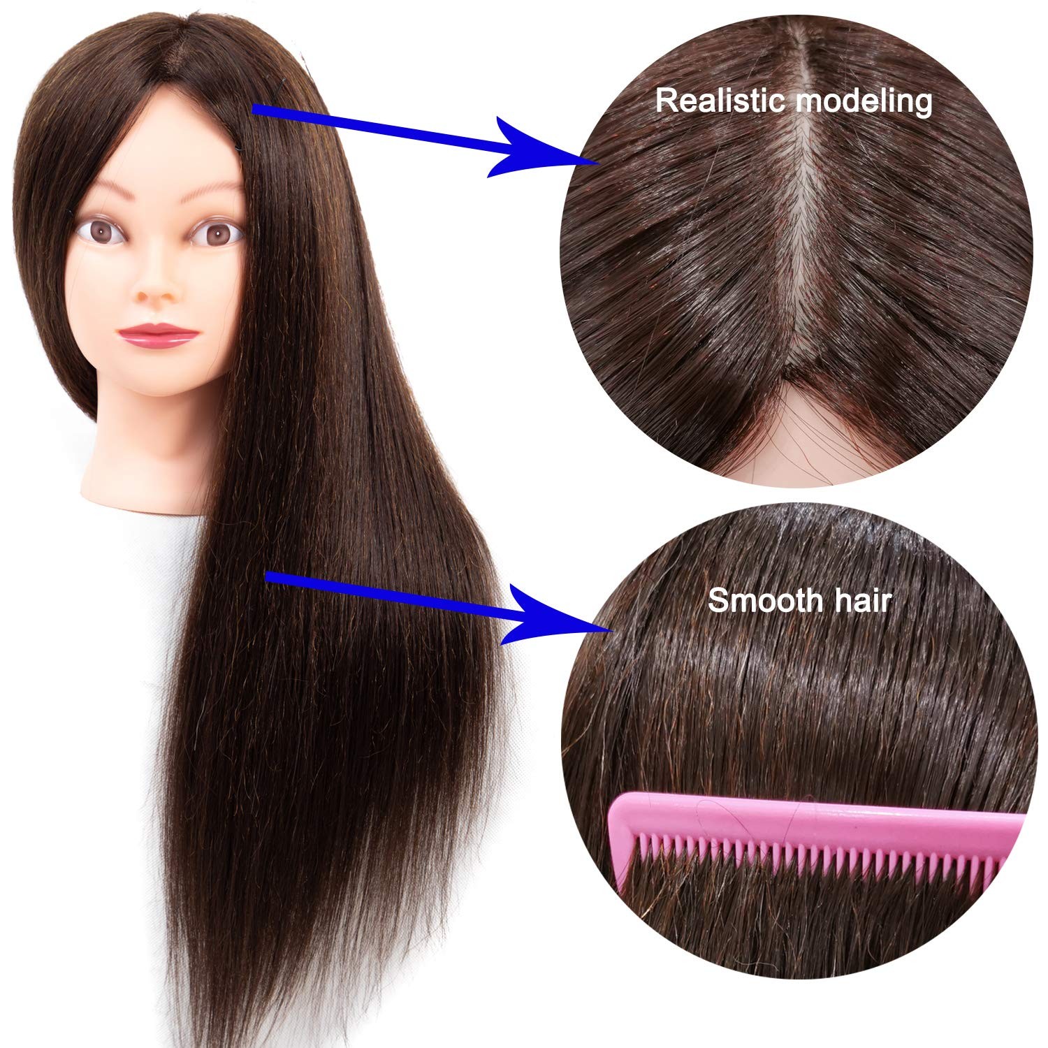 Mannequin Head with Hair, 60% Real Hair Blend, Life-Size, Includes Table Clam…