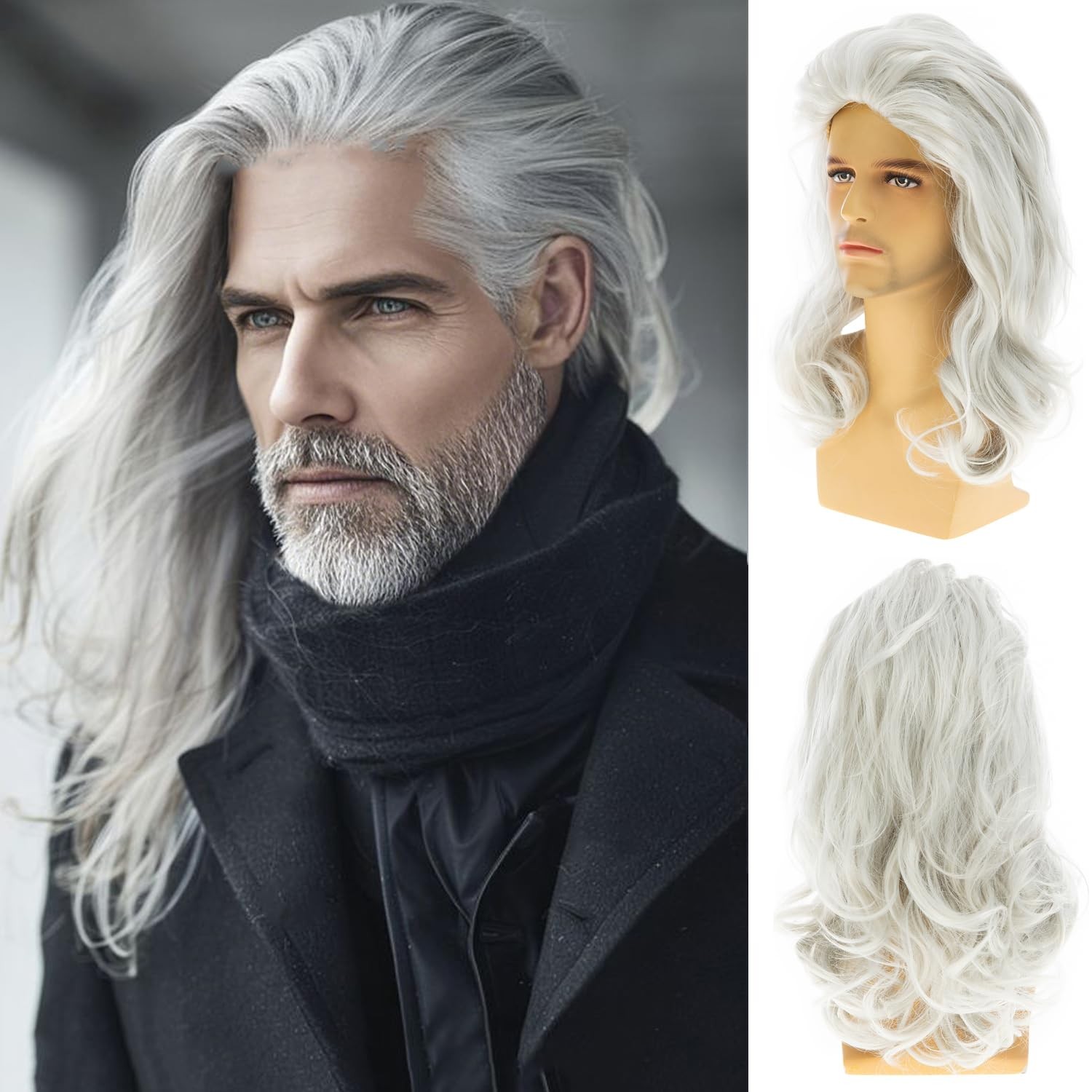 Long White Wigs for Men Synthetic Layered Wavy Cosplay Party Wig