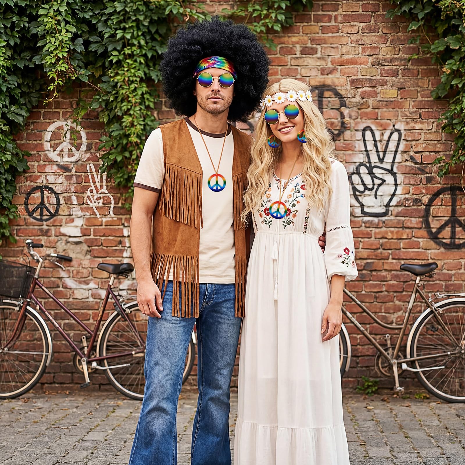 9 Pcs Hippie Costume Accessories Set, Bandana Peace Sign Earrings Necklace Gl…
