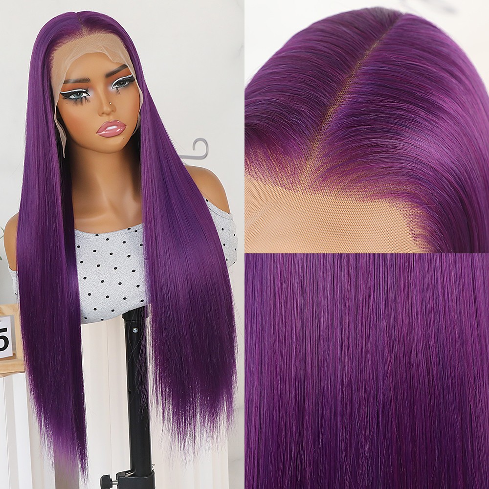 Women Purple Straight Hair 13×6 Free Part Pre Plucked Natural Hairline Glueless