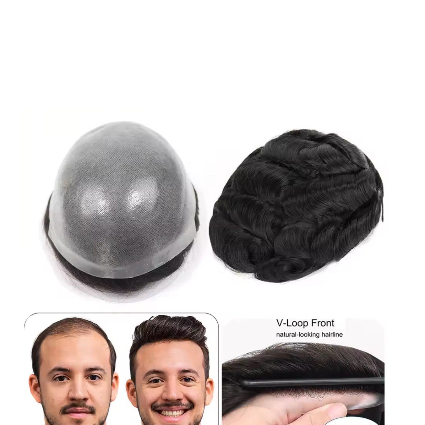 Men’s Human Hair Toupee Hairpiece Full PU Base V-Loop Wavy 8x10in