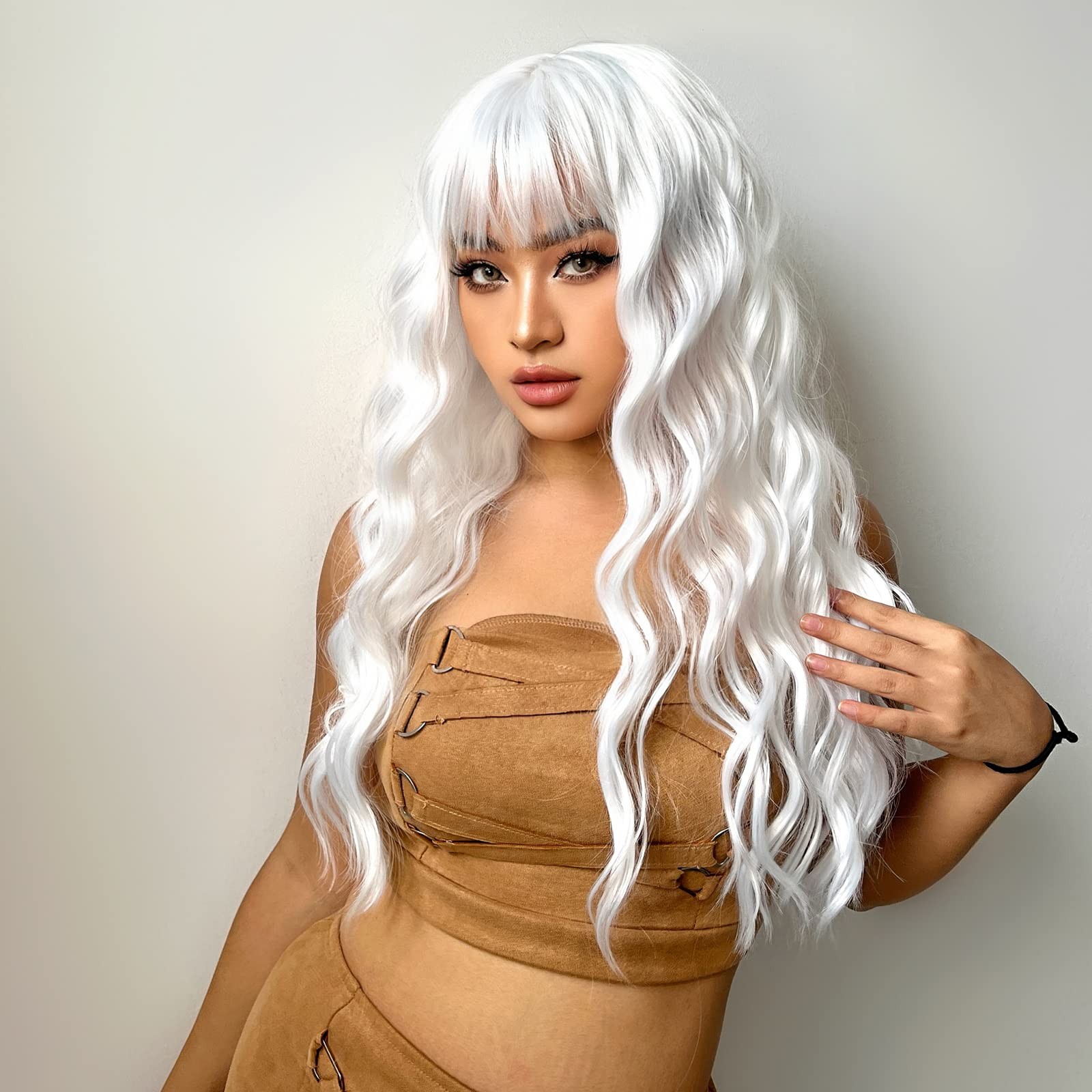 White Wig with Bangs Synthetic Long Wavy Curly Wig for Women for Halloween Co…