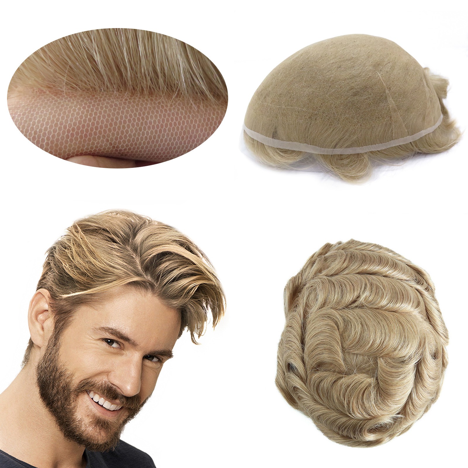 Mens Toupee Swiss Lace Human Hair Replacement Systems Blonde Hair Pieces #22R