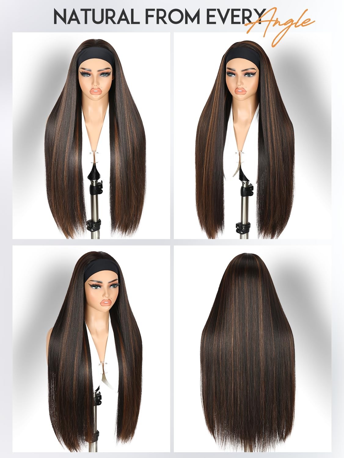 Highlight Headband Wigs for Black Women 30 inch Mixed Brown Straight Half Wig…