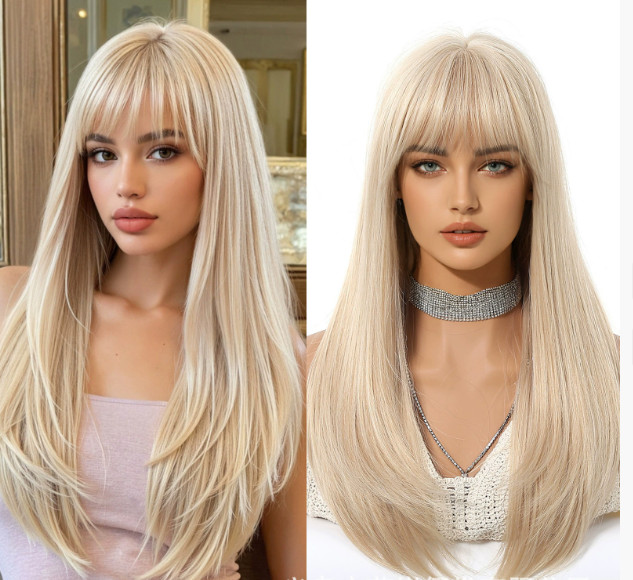 Long Straight Pale Blonde Synthetic Hair Wigs With Bangs Women Soft Natural