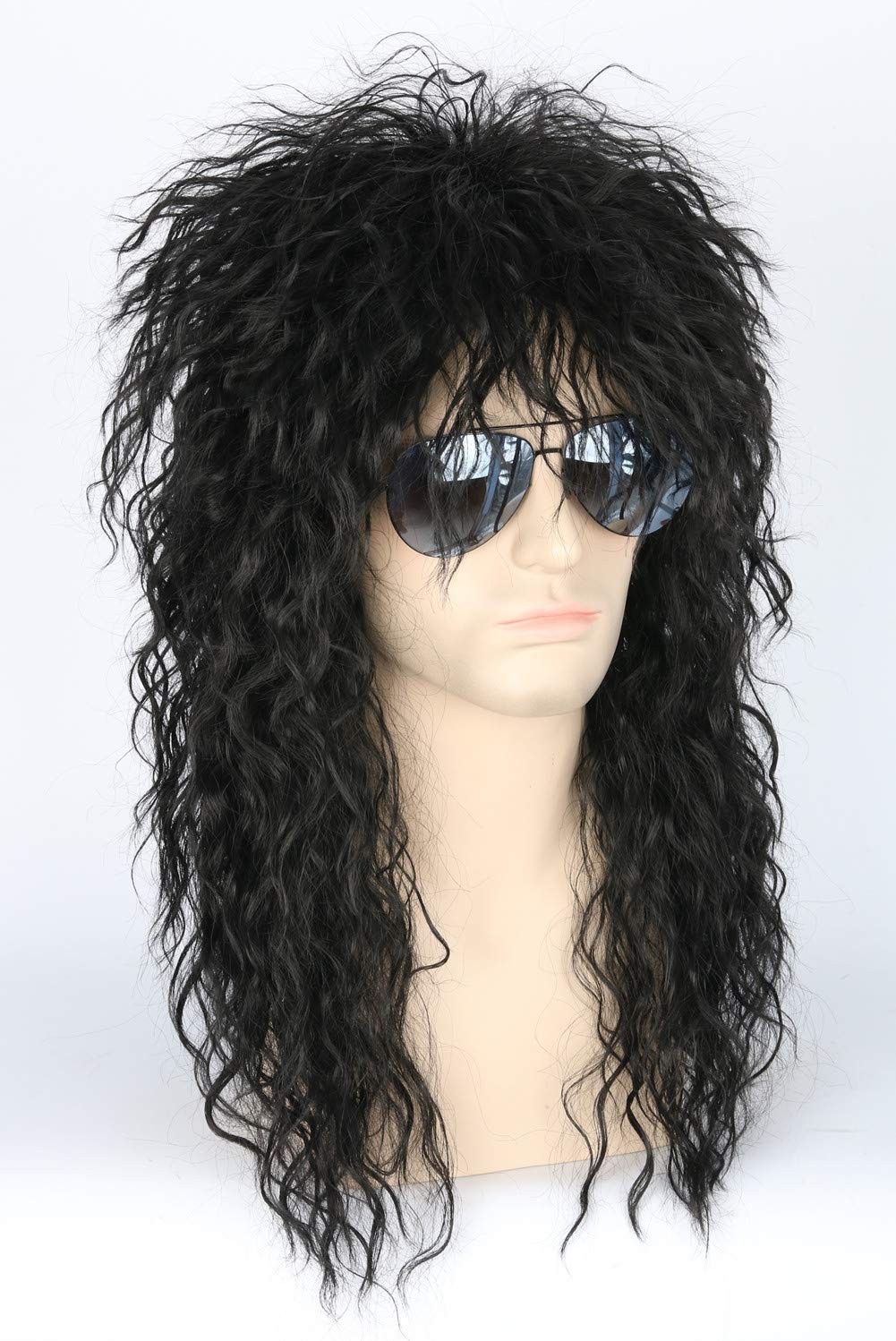 Men’s 80s Black Mullet Wigs Punk Heavy Metal Long Curly Rocker Male Hair Wig USA
