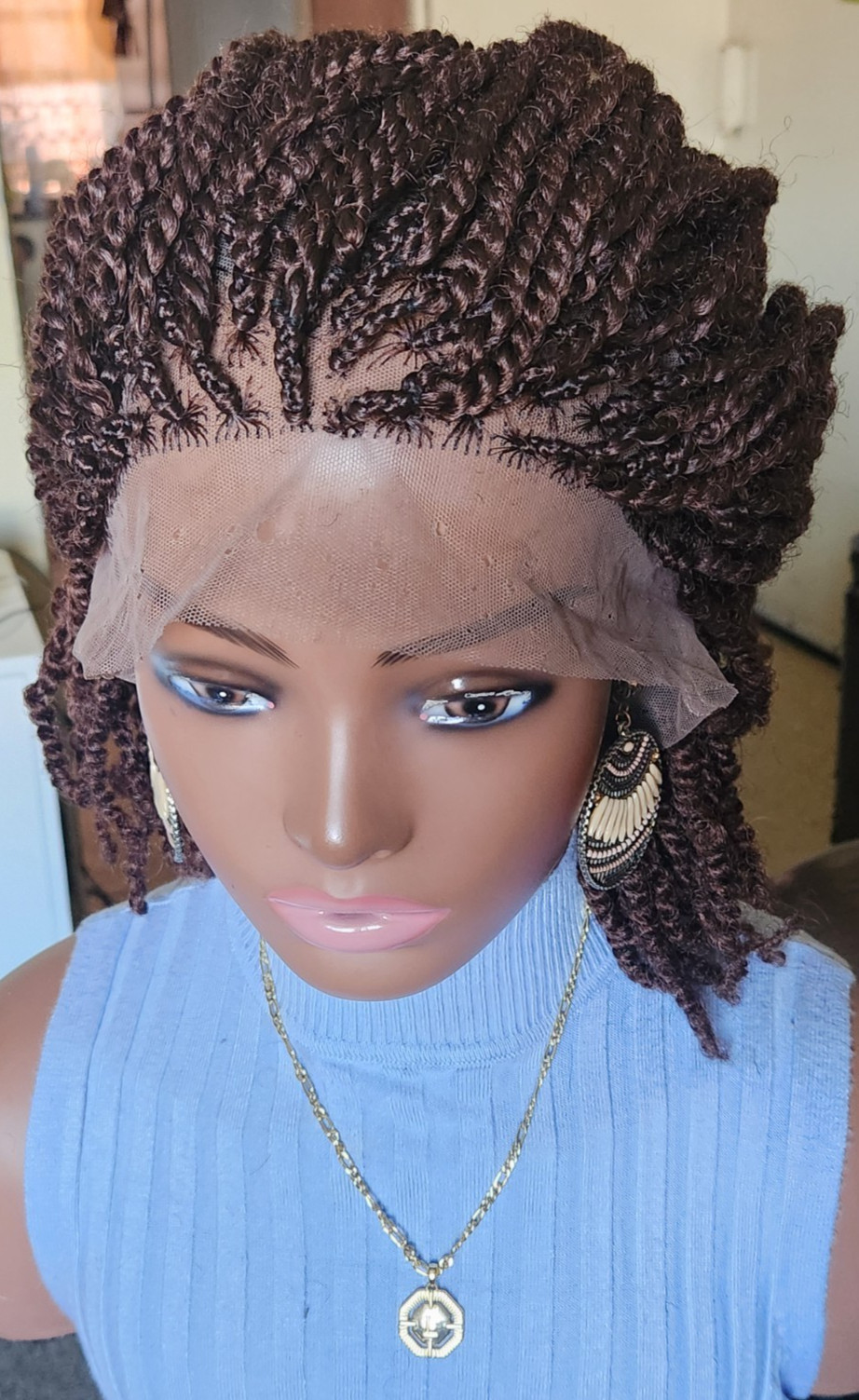 Handmade Short twist braided full lace wig Dark brown