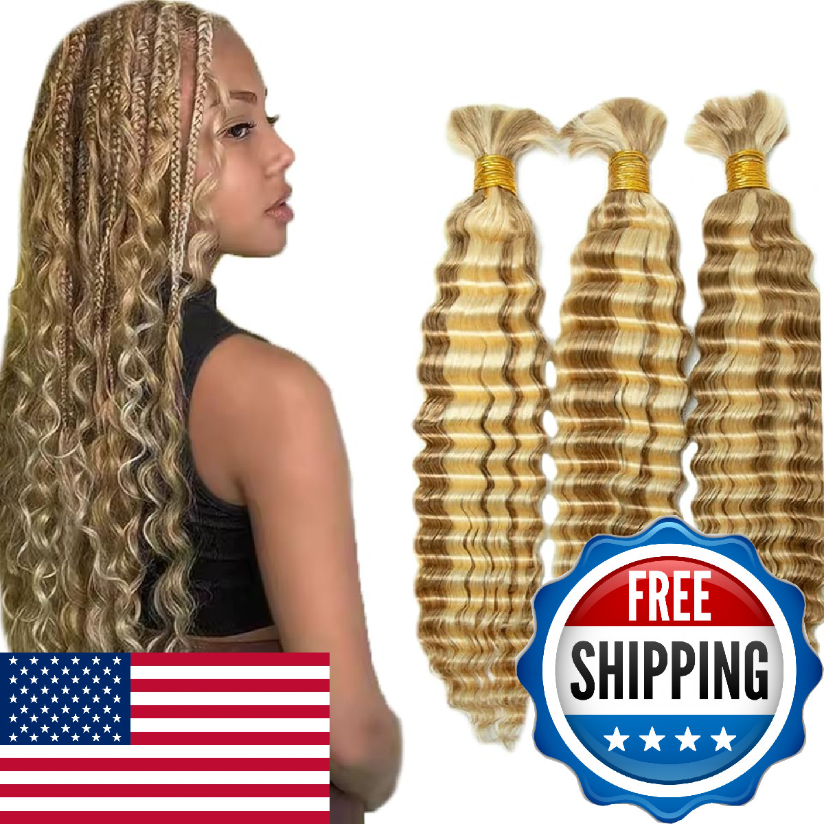 Hrceyocr P27/613 Honey Blonde Human Braiding Hair Deep Wave Bulk 32 32 32 Inch